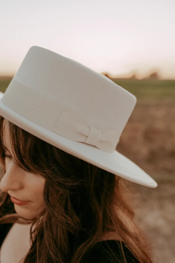 Ivy Boater Hat in Ivory with Bow by Vanelegance