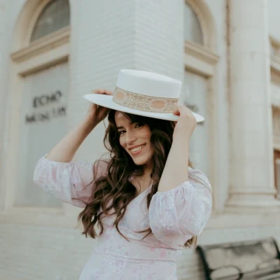 Kami Boater Hat in Ivory with Gold Band by Vanelegance