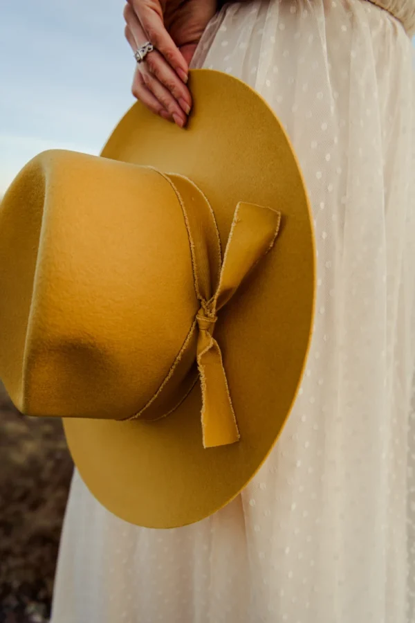 Amber Stiff-Brim Fedora Hat in Mustard
